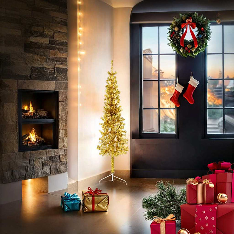 Afbeelding laden in galerijviewer, Vidaxl kunstkerstboom half met standaard smal 150 cm goudkleurig
