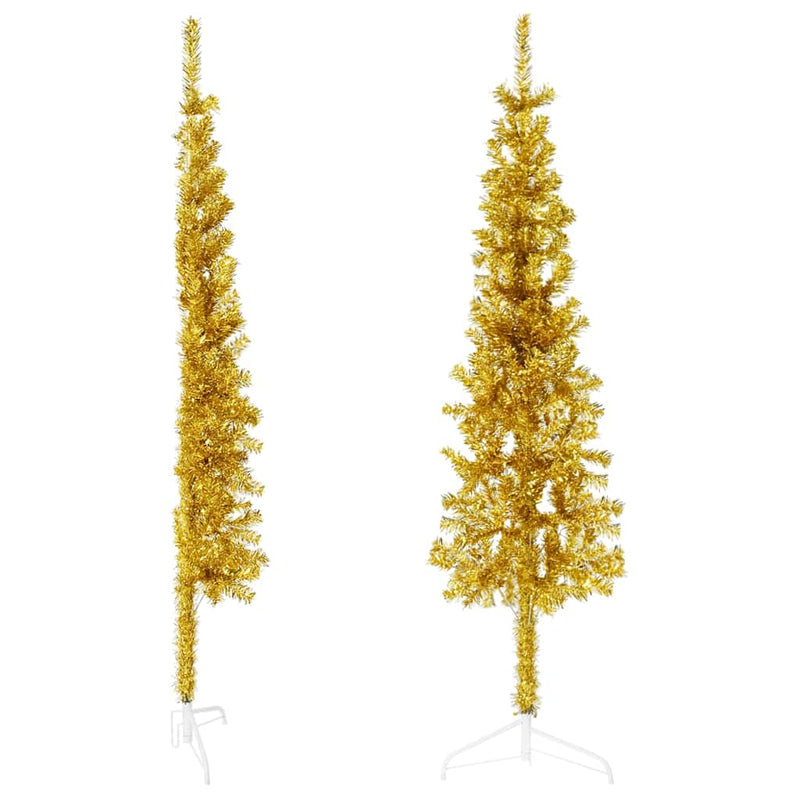 Afbeelding laden in galerijviewer, Vidaxl kunstkerstboom half met standaard smal 150 cm goudkleurig
