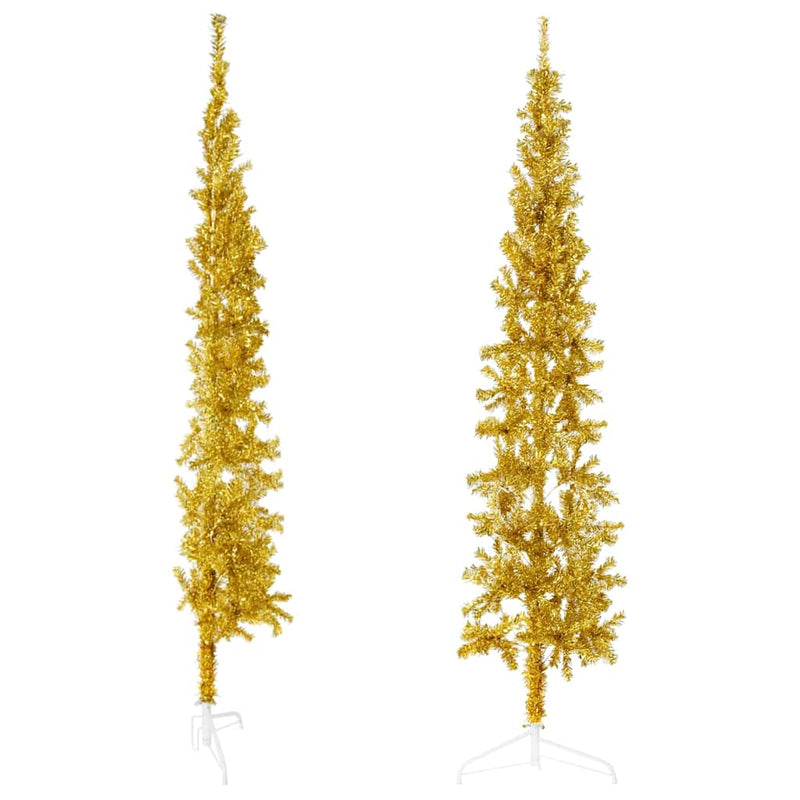 Afbeelding laden in galerijviewer, Vidaxl kunstkerstboom half met standaard smal 240 cm goudkleurig
