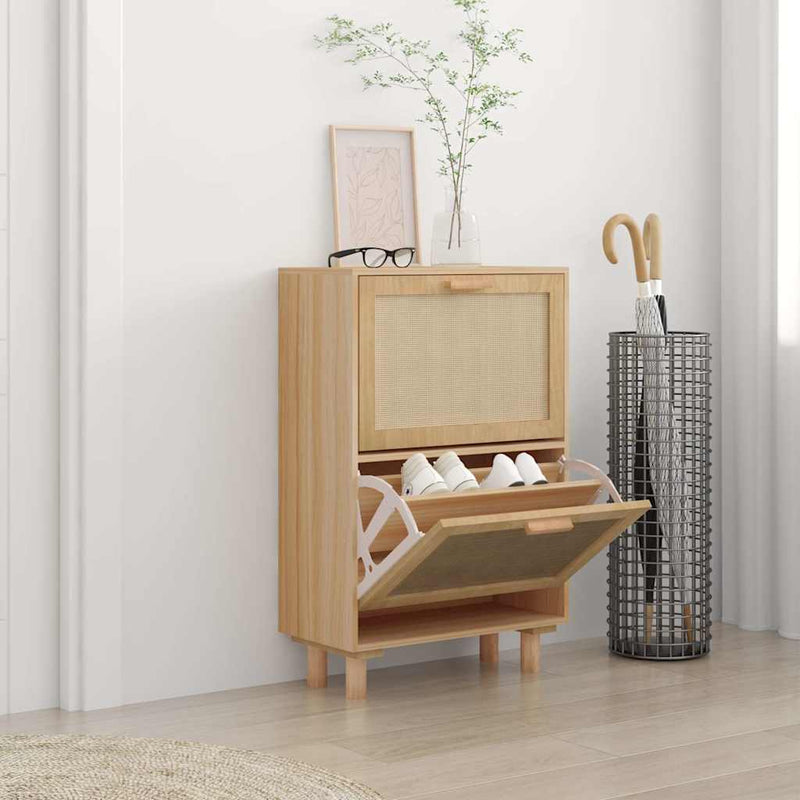 Afbeelding laden in galerijviewer, Vidaxl schoenenkast 52x25x80 cm bewerkt hout natuurlijk rattan bruin
