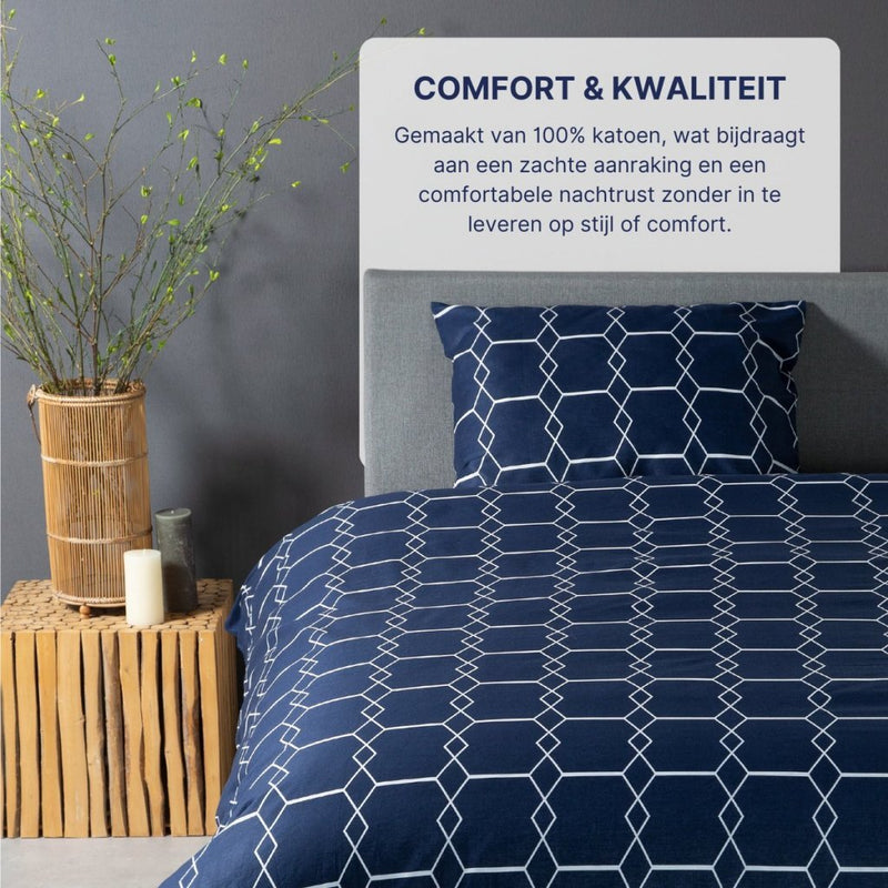 Afbeelding laden in galerijviewer, Ten cate katoenen eenpersoons dekbedovertrek 140x200 220 cm graphic donkerblauw
