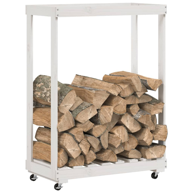 Afbeelding laden in galerijviewer, Vidaxl houtblokhouder met wielen 76,5x40x108 cm massief grenenhout wit
