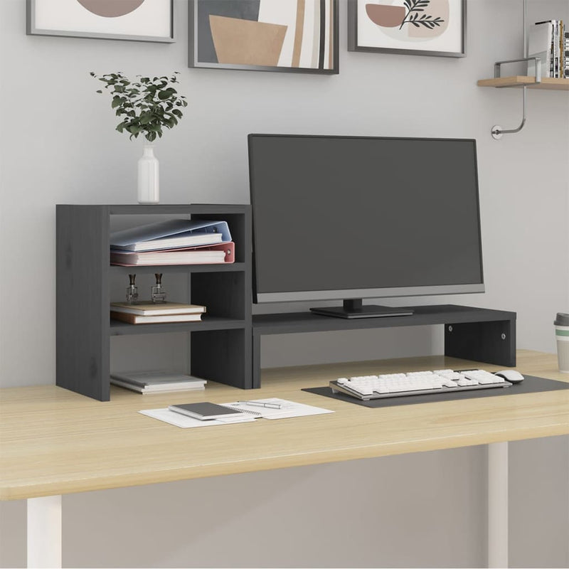 Afbeelding laden in galerijviewer, Vidaxl monitorstandaard 81x20x30 cm massief grenenhout grijs
