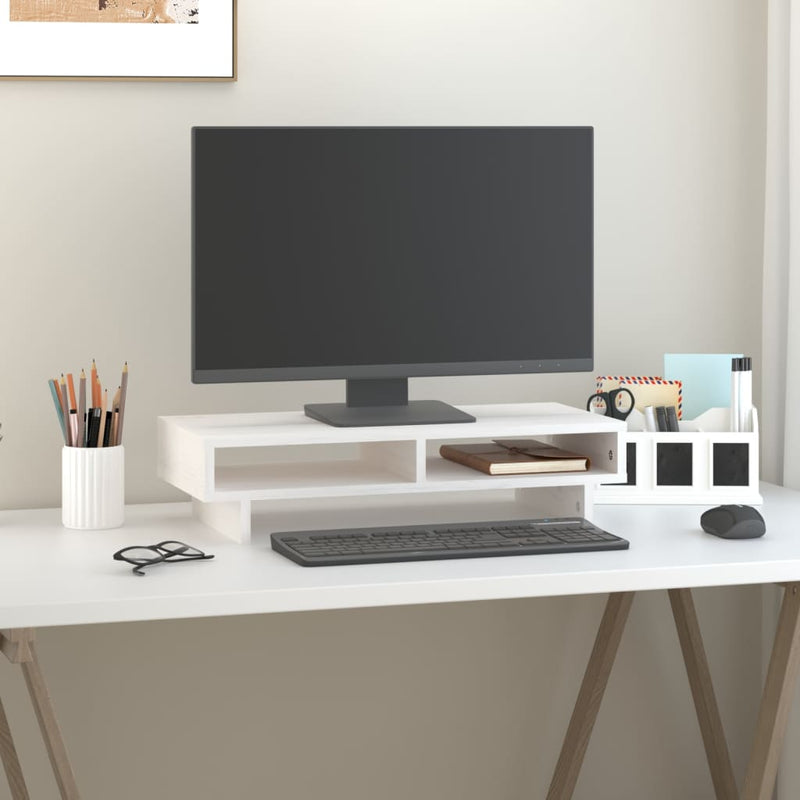 Afbeelding laden in galerijviewer, Vidaxl monitorstandaard 60x27x14 cm massief grenenhout wit
