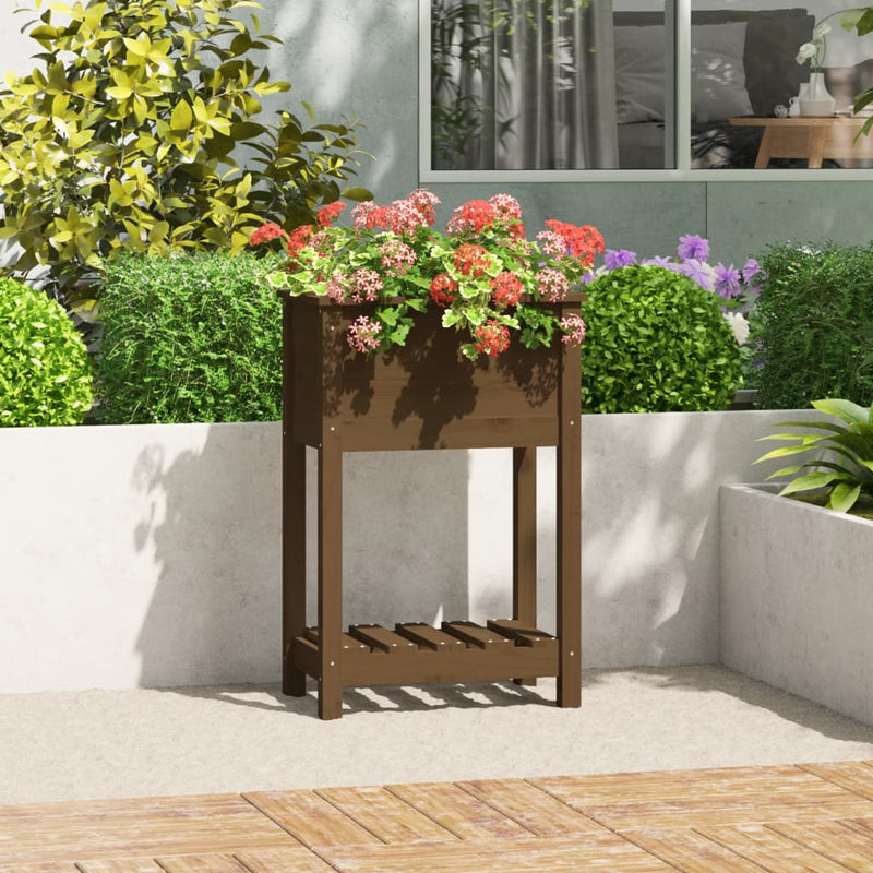 Afbeelding laden in galerijviewer, Vidaxl plantenbak met schap 54x34,5x81 cm grenenhout honingbruin
