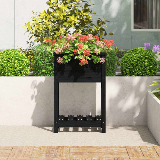 VidaXL Plantenbak met schap 54x34,5x81 cm massief grenenhout zwart