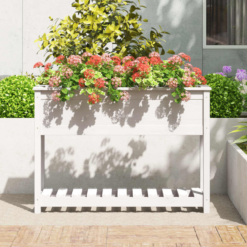 Afbeelding laden in galerijviewer, Vidaxl plantenbak met schap 111,5x34,5x81 cm massief grenenhout wit
