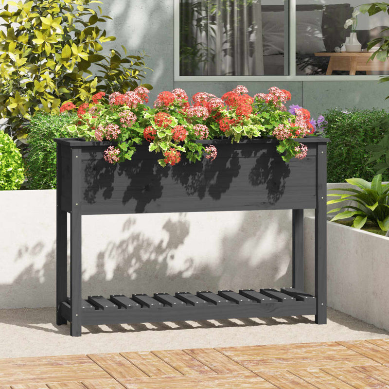 Afbeelding laden in galerijviewer, Vidaxl plantenbak met schap 111,5x34,5x81 cm massief grenenhout grijs
