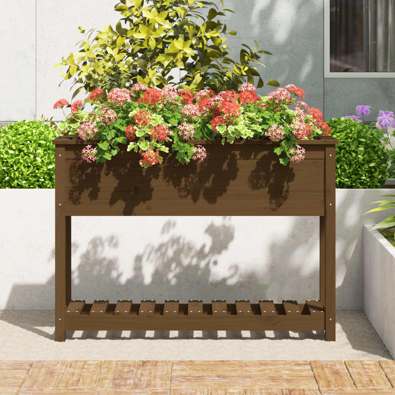 Afbeelding laden in galerijviewer, Vidaxl plantenbak met schap 111,5x34,5x81 cm grenenhout honingbruin
