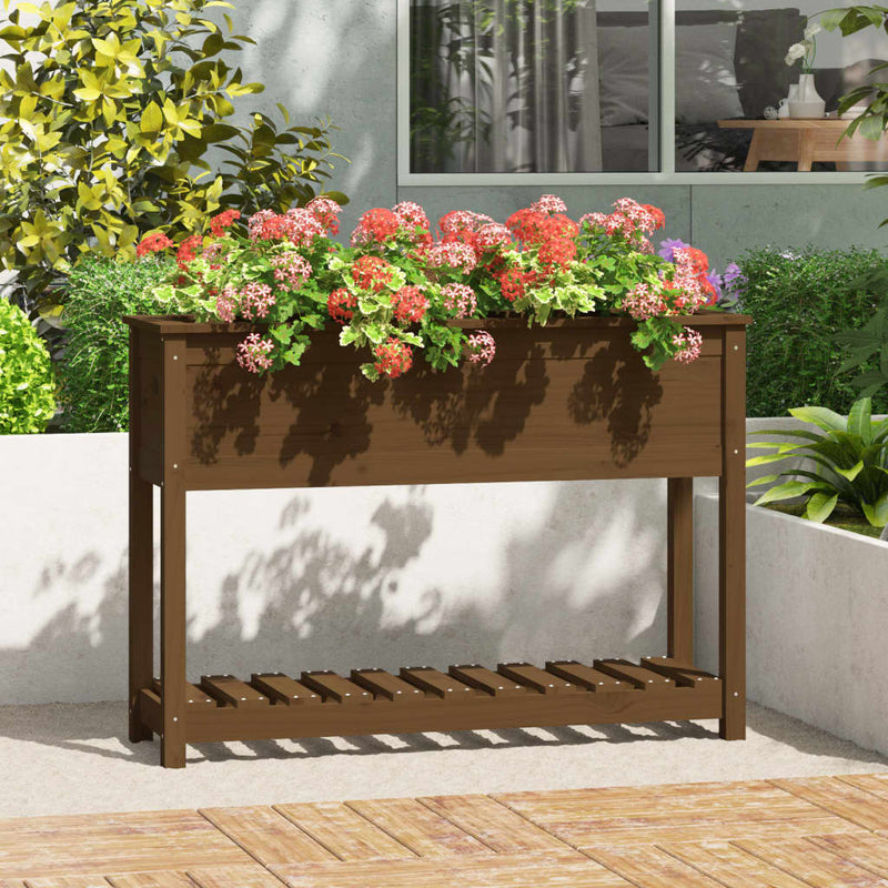 Afbeelding laden in galerijviewer, Vidaxl plantenbak met schap 111,5x34,5x81 cm grenenhout honingbruin
