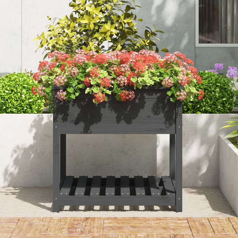 Afbeelding laden in galerijviewer, Vidaxl plantenbak met schap 82,5x82,5x81 cm massief grenenhout grijs
