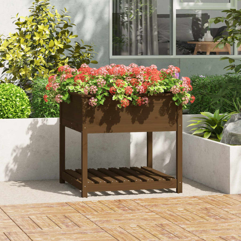 Afbeelding laden in galerijviewer, Vidaxl plantenbak met schap 82,5x82,5x81 cm grenenhout honingbruin
