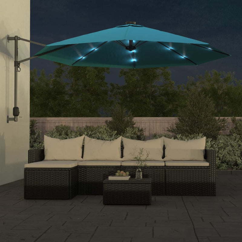 Afbeelding laden in galerijviewer, Vidaxl wandparasol met leds 290 cm zeeblauw
