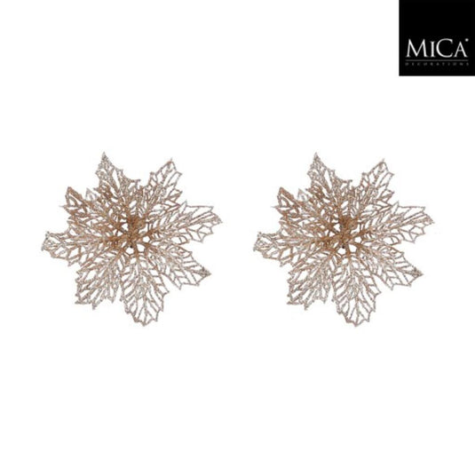 Mica decorations clip poinsettia 3x13.5 cm 2 stuks champagne