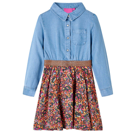 Vidaxl kinderjurk met lange mouwen 116 marineblauw en denimblauw