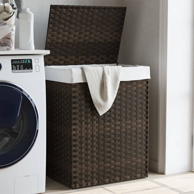 Afbeelding laden in galerijviewer, Vidaxl wasmand met deksel 46x33x60 cm poly rattan donkerbruin
