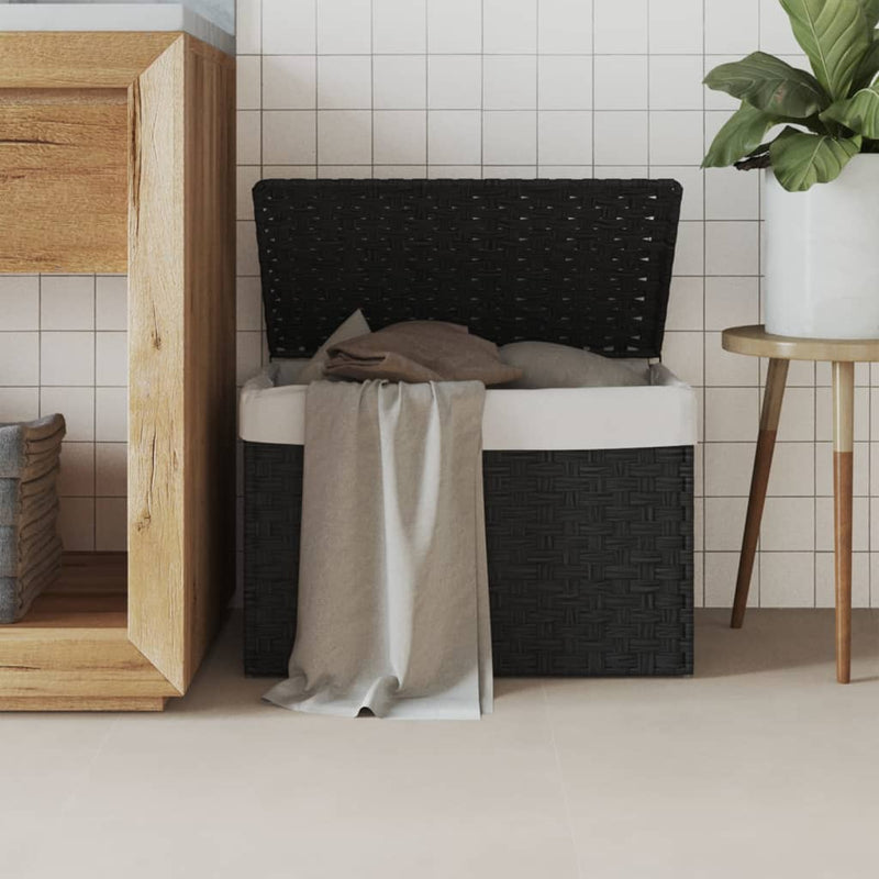 Afbeelding laden in galerijviewer, Vidaxl wasmand met deksel 55,5x35x34 cm poly rattan zwart
