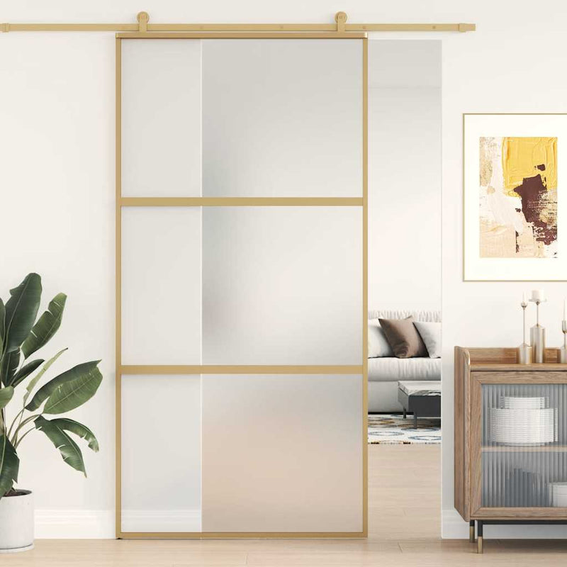 Afbeelding laden in galerijviewer, Vidaxl schuifdeur 102,5x205 cm mat esg-glas en aluminium goudkleurig
