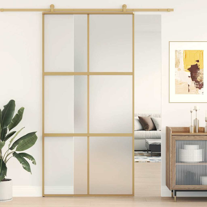 Afbeelding laden in galerijviewer, Vidaxl schuifdeur 102,5x205 cm mat esg-glas en aluminium goudkleurig
