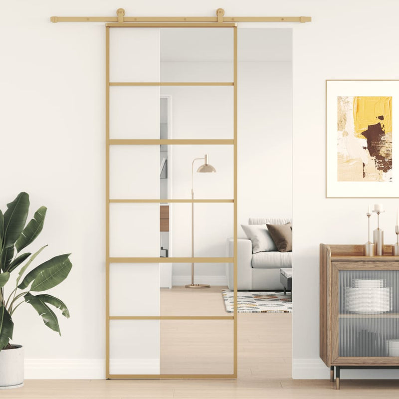 Afbeelding laden in galerijviewer, Vidaxl schuifdeur 76x205 cm helder esg-glas en aluminium goudkleurig
