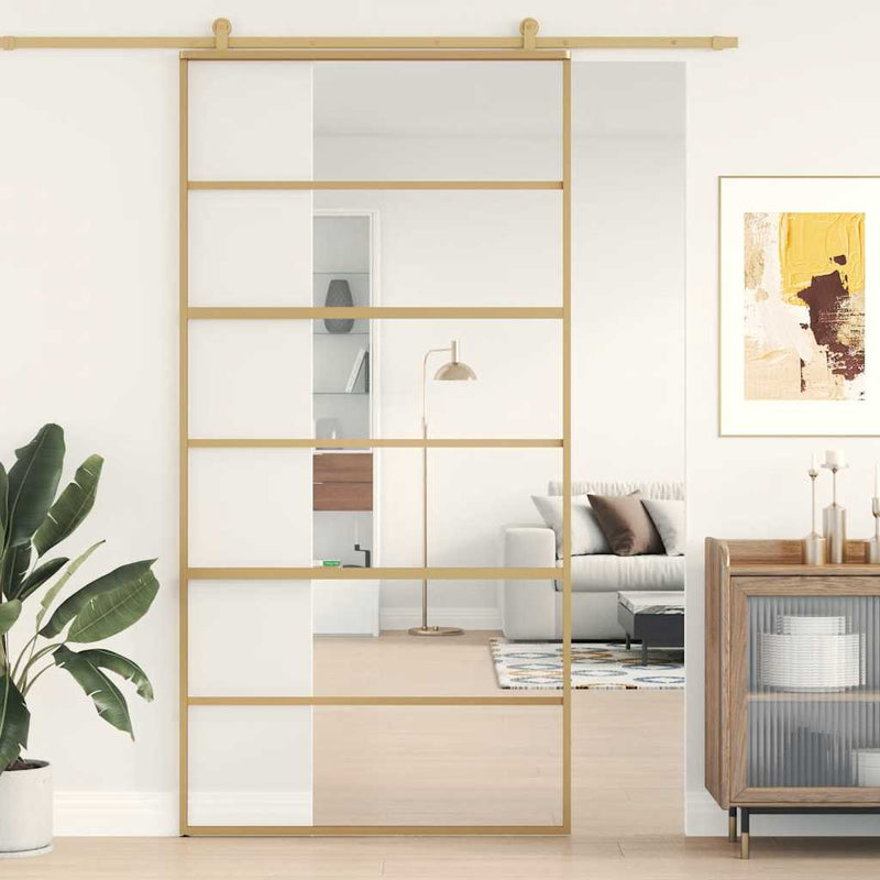 Afbeelding laden in galerijviewer, Vidaxl schuifdeur 102,5x205 cm helder esg-glas en aluminium goudkleur
