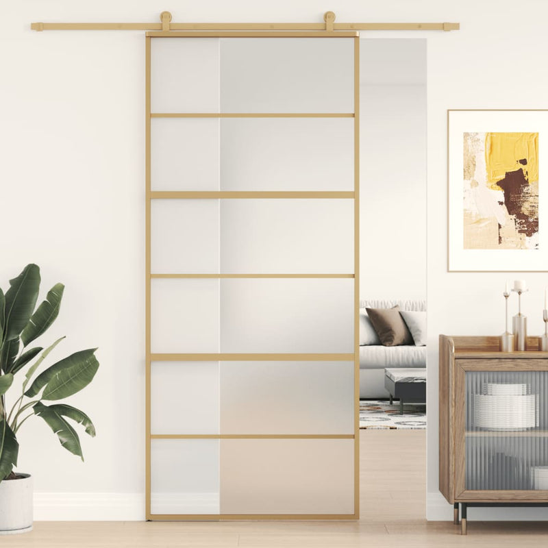 Afbeelding laden in galerijviewer, Vidaxl schuifdeur 90x205 cm mat esg-glas en aluminium goudkleurig
