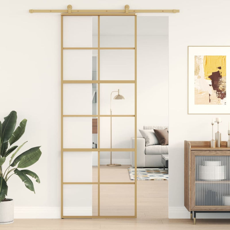 Afbeelding laden in galerijviewer, Vidaxl schuifdeur 76x205 cm helder esg-glas en aluminium goudkleurig
