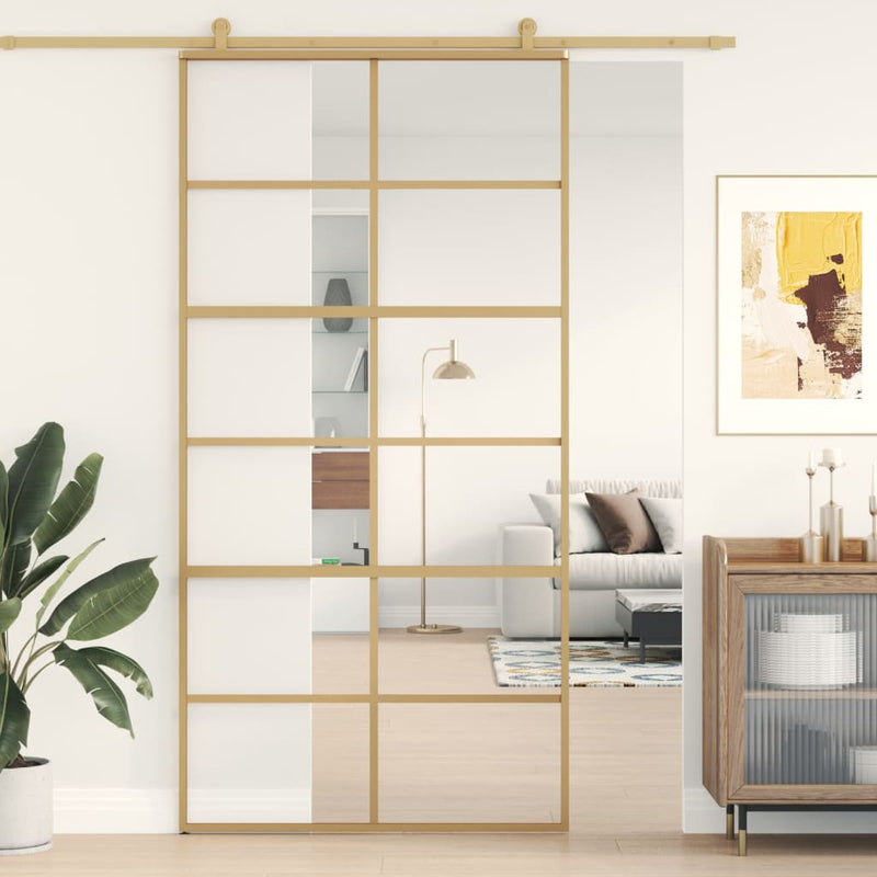 Afbeelding laden in galerijviewer, VidaXL Schuifdeur 102,5x205 cm helder ESG-glas en aluminium goudkleur
