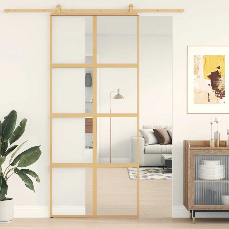 Afbeelding laden in galerijviewer, Vidaxl schuifdeur 90x205 cm helder esg-glas en aluminium goudkleurig
