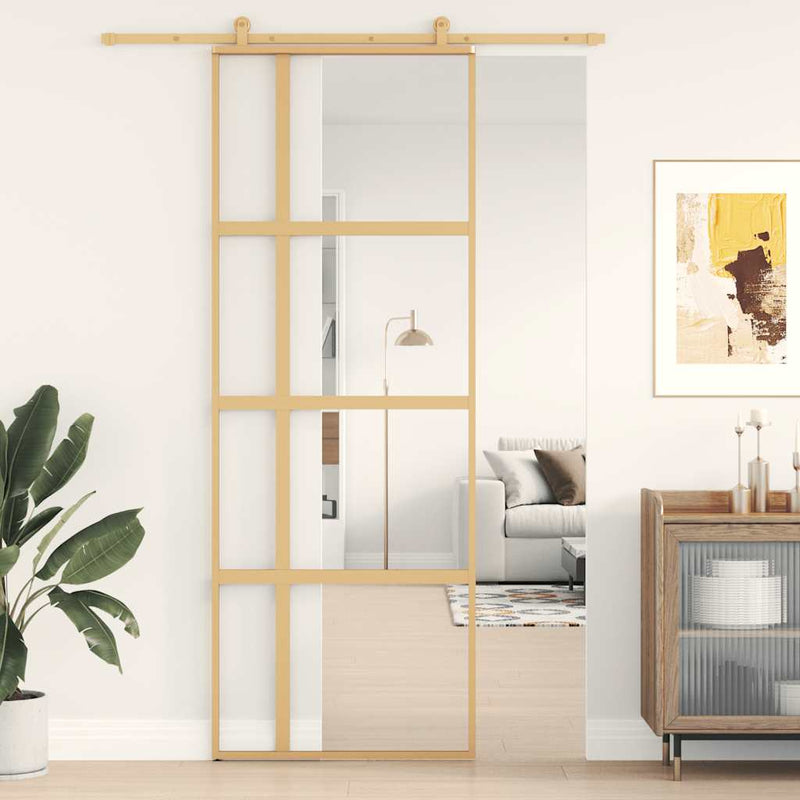 Afbeelding laden in galerijviewer, Vidaxl schuifdeur 76x205 cm helder esg-glas en aluminium goudkleurig
