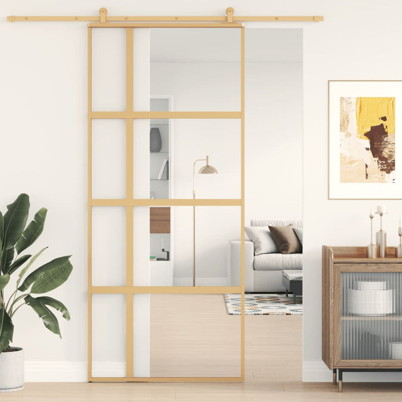 Afbeelding laden in galerijviewer, Vidaxl schuifdeur 90x205 cm helder esg-glas en aluminium goudkleurig
