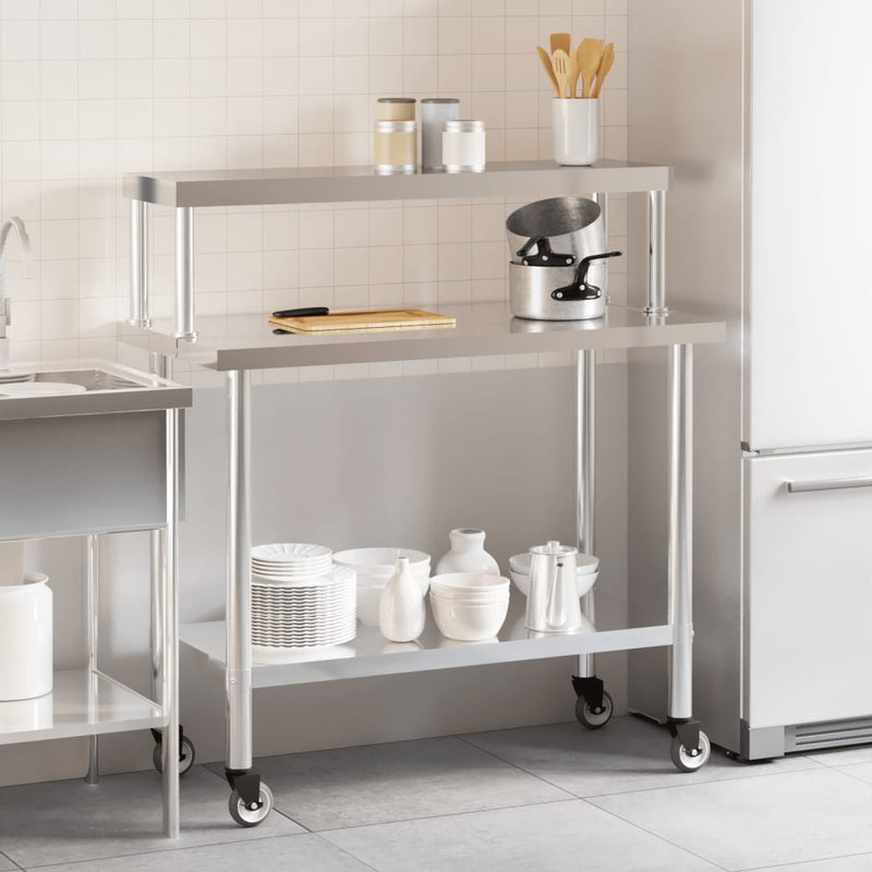 Afbeelding laden in galerijviewer, Vidaxl keukenwerktafel met bovenschap 110x55x120 cm roestvrij staal
