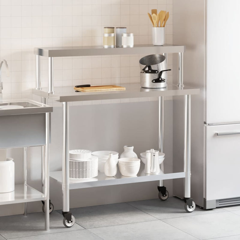 Afbeelding laden in galerijviewer, Vidaxl keukenwerktafel met bovenschap 110x55x120 cm roestvrij staal
