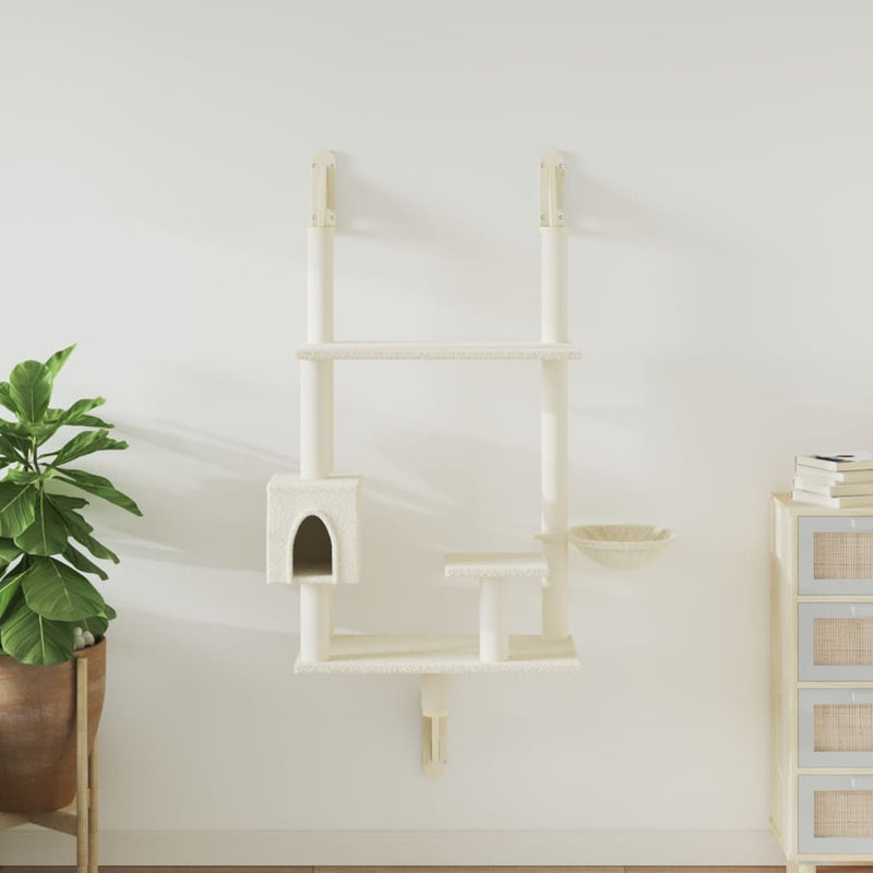 Afbeelding laden in galerijviewer, Vidaxl kattenmeubel wandgemonteerd met krabpaal 153 cm crèmekleurig
