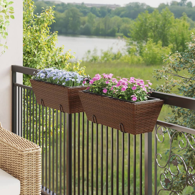 Afbeelding laden in galerijviewer, Vidaxl plantenbakken 2 st met haken poly rattan bruin
