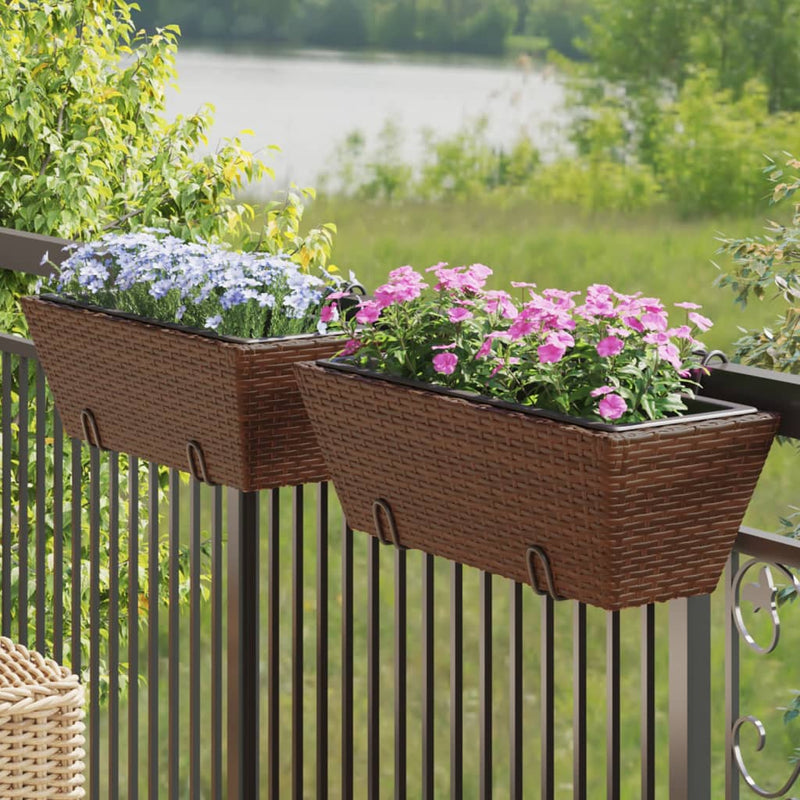Afbeelding laden in galerijviewer, Vidaxl plantenbakken 2 st met haken poly rattan bruin
