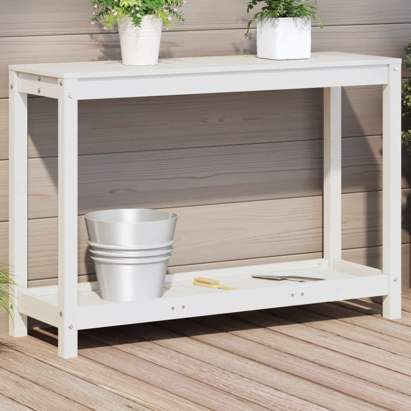 Afbeelding laden in galerijviewer, Vidaxl oppottafel met schap 108x35x75 cm massief grenenhout wit
