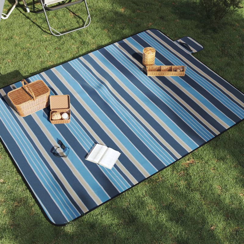 Afbeelding laden in galerijviewer, Vidaxl picknickkleed opvouwbaar gestreept 200x150 cm fluweel blauw wit
