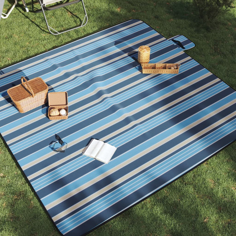 Afbeelding laden in galerijviewer, Vidaxl picknickkleed opvouwbaar gestreept 200x200 cm fluweel blauw wit
