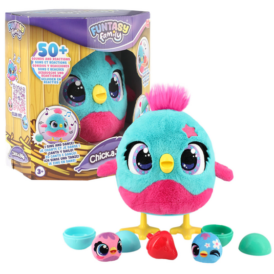 Jumbo - funtasy family - chick-a-boo - vanaf 3 jaar - interactieve knuffel - speelgoed met geluid - zingt, danst en legt kuikens