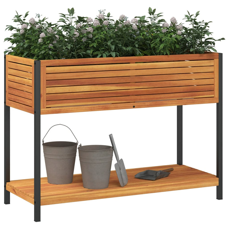 Afbeelding laden in galerijviewer, Vidaxl plantenbak met schap 110x45x80 cm massief acaciahout en staal
