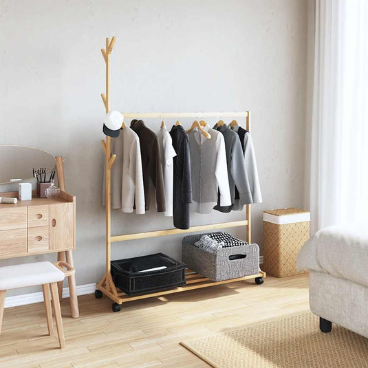 Vidaxl kledingrek met haken en wielen 100x35x157 cm bamboe