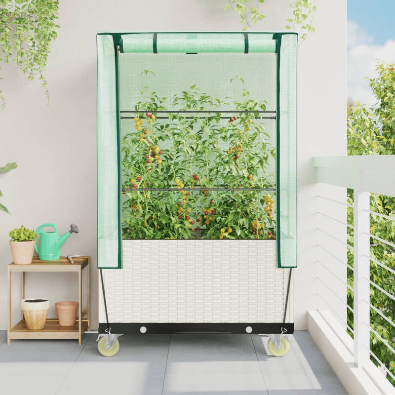 Afbeelding laden in galerijviewer, Vidaxl plantenbak verhoogd met hoes en wielen 80x50x182 cm rattanlook
