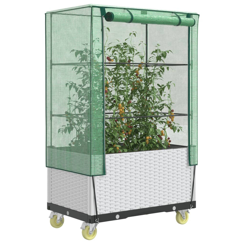 Afbeelding laden in galerijviewer, Vidaxl plantenbak verhoogd met hoes en wielen 80x50x182 cm rattanlook
