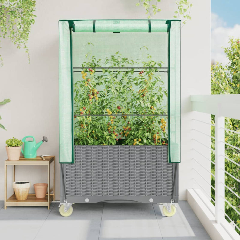 Afbeelding laden in galerijviewer, Vidaxl plantenbak verhoogd met hoes en wielen 80x50x182 cm rattanlook

