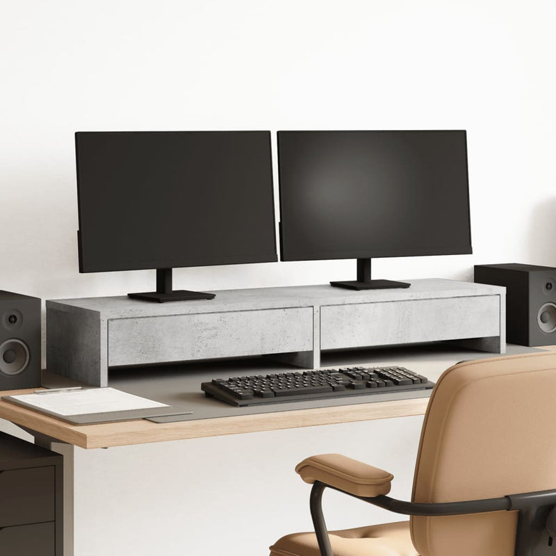 Afbeelding laden in galerijviewer, Vidaxl monitorstandaard met lades 100x27x15 cm bewerkt hout betongrijs
