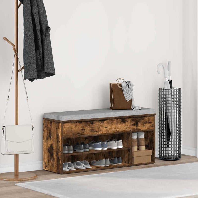 Afbeelding laden in galerijviewer, Vidaxl schoenenbank 102x30,5x45 cm bewerkt hout gerookt eikenkleurig
