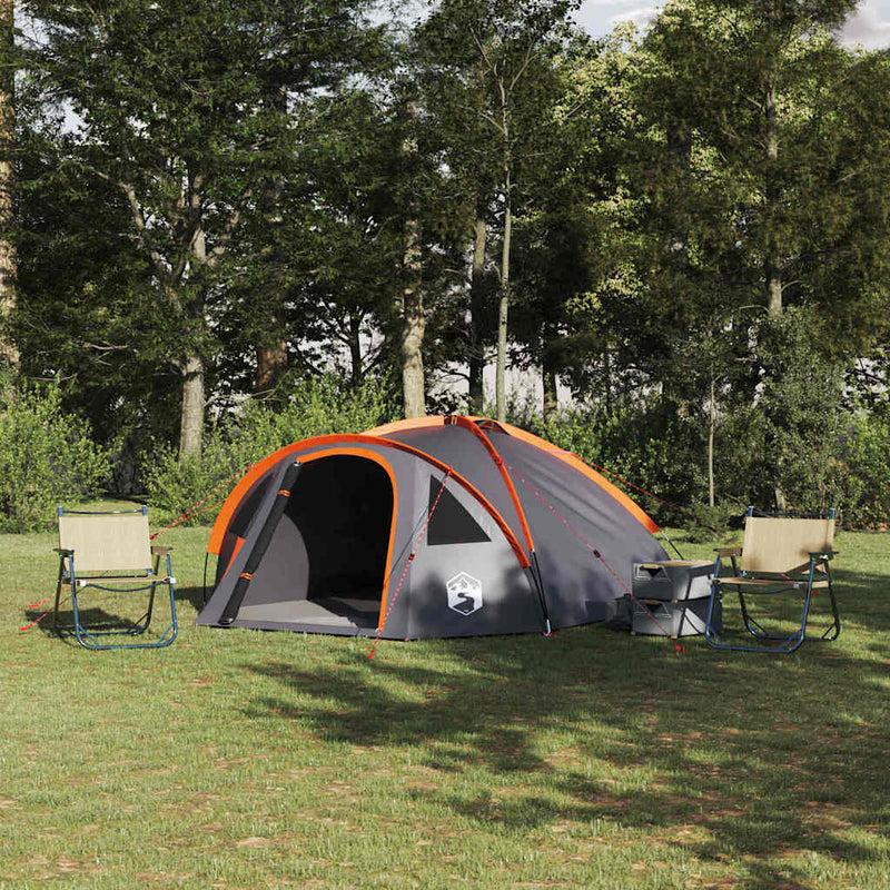 Afbeelding laden in galerijviewer, Vidaxl camping tent grijs en oranje 308 x 268 x 130 cm polyester
