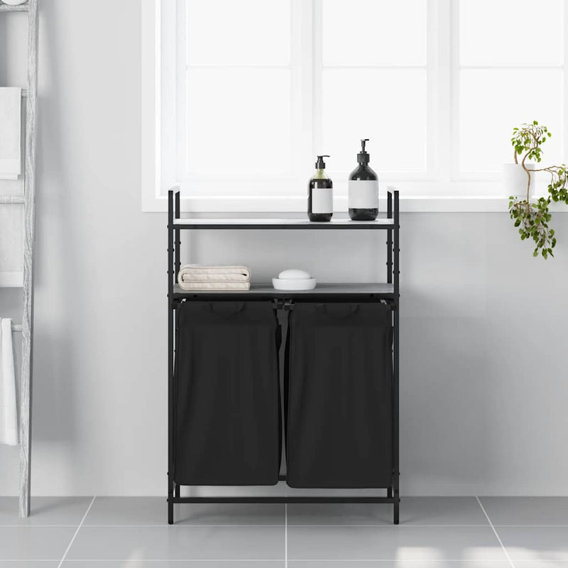Afbeelding laden in galerijviewer, Vidaxl wasmand 2 vakken met planken grijs sonoma eiken

