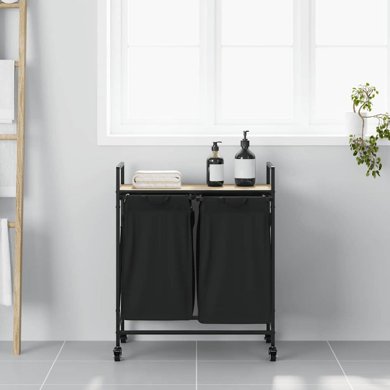 Afbeelding laden in galerijviewer, Vidaxl wasmand 2 vakken met planken sonoma eikenkleurig
